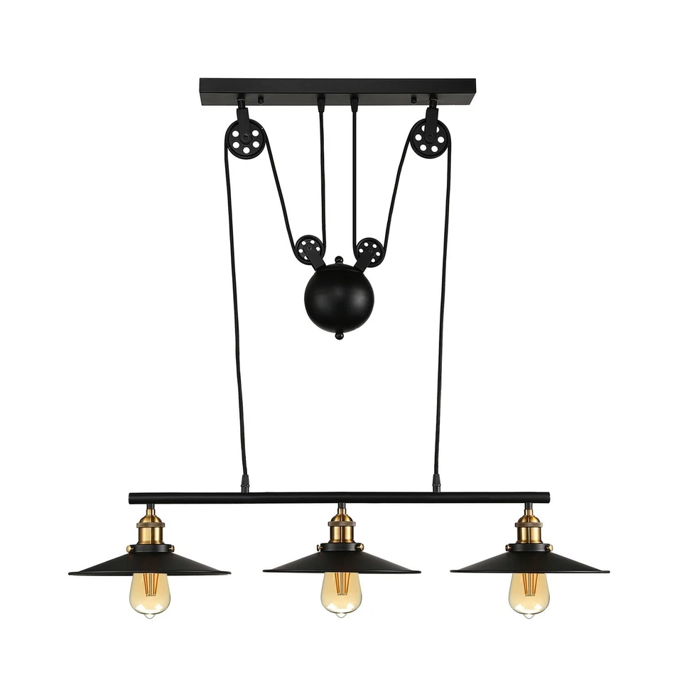 Vintage Ceiling Pendant Light Retro Industrial 3 Lamp E27 Hanging Pulley Lights - Image 4 of 4