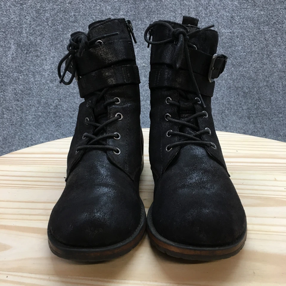 Botas talladas con volantes para mujer 7,5 M Bailey tobillo combate tela negra con cordones cremallera Foto 4 de 4