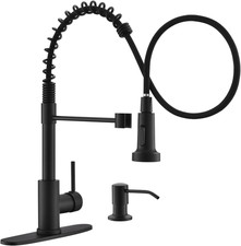 Matte Black Kitchen Faucet with Soap Dispenser, Commercial Single Handle Spring