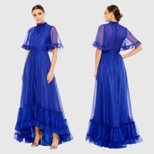 MAC DUGGAL Blue Ruffled Mock Neck Flutter Sleeve High Low Hem Gown Size 12 NWT