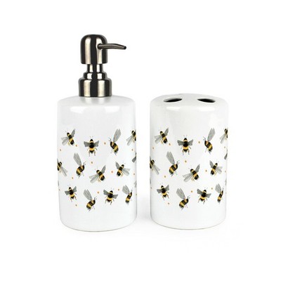 Streubienen Badezimmer Set - Hummeln Keramik Seifenflasche & Zahnbürstenhalter
