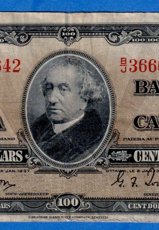 Canada $100 1937 BC-27b / P-64b Circulated  Note B/J 3660642  Sir John MacDonald - Image 3 of 4