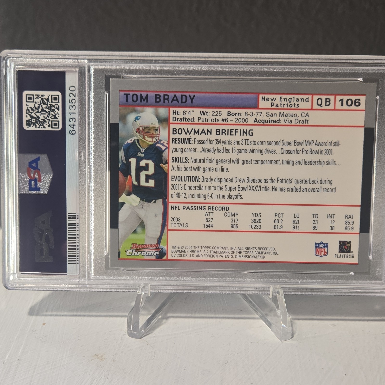 Bowman 2004 Bowman Chrome Tom Brady Base #106 Patriots PSA 9 Graded view 2
