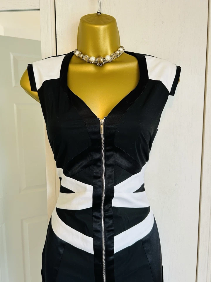 Karen Millen Vintage Black White Cotton Silk Zip Contour Fitted Dress UK 14 - Image 2 of 4