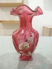Fenton Cranberry Vase Hand Painted Gold Pansies Signed 7.5” Vintage