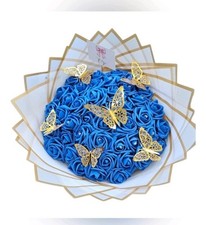 Artificial Blue Rose Bouquet Gold Butterfly Accents 50 countes