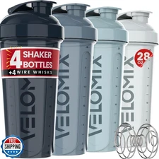 VELOMIX -4 PACK 28 Oz Protein Shaker Bottle for Protein Mixes - 4x Wire Whisk