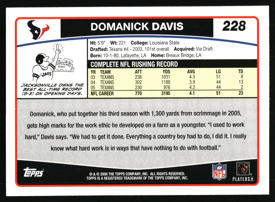 2006 Topps #228 Domanick Davis Houston Texans - Image 2 of 2