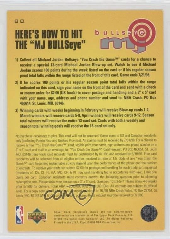 1997-98 Upper Deck Collector's Choice MJ Bullseye Contest Michael Jordan #B8 HOF - Image 2 of 2