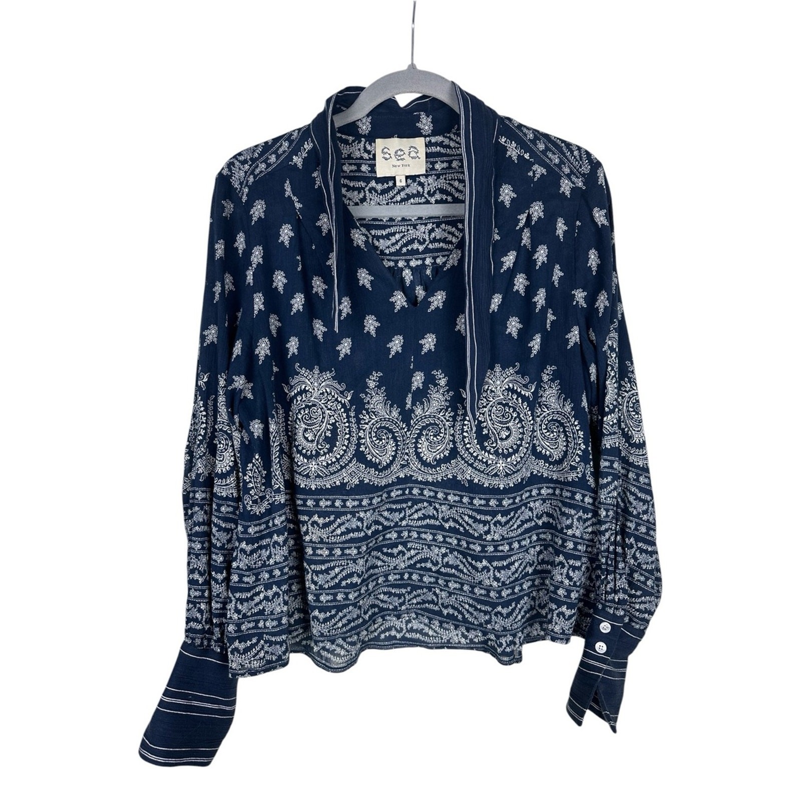 Sea New York Blue Paisley Long Sleeve Top Size 6