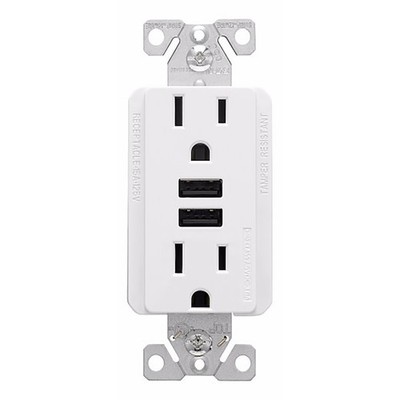 Eaton TR7765W-KB-L Series USB Combination Receptacle, White, 2-Pole, 15 A at 125