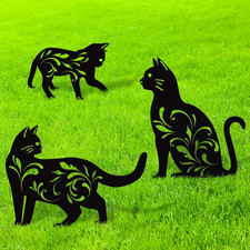 3 Pack Metal Cat Garden Statues Black Cat Silhouette Cats Decorative Stakes Gard