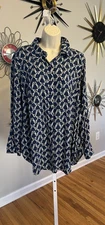 Talbots Women X Plus Butterfly Navy Blue Button Up Long Sleeve Top Shirt NWT