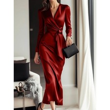Women's Burgundy Satin Midi Dress Elegant V-Neck Long Sleeve Bodycon Dress