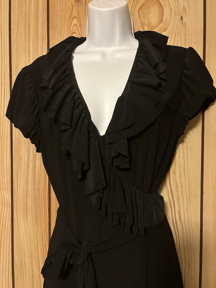 Vestido Ralph Lauren Negro Envolvente Elástico Mujer Talla 12 Manga Corta Midi Corbata Cinturón Foto 2 de 4