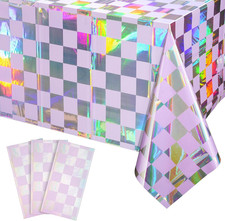 3Pack Iridescent Checkered and Purple Plastic Tablecloths Shiny Disposable Laser