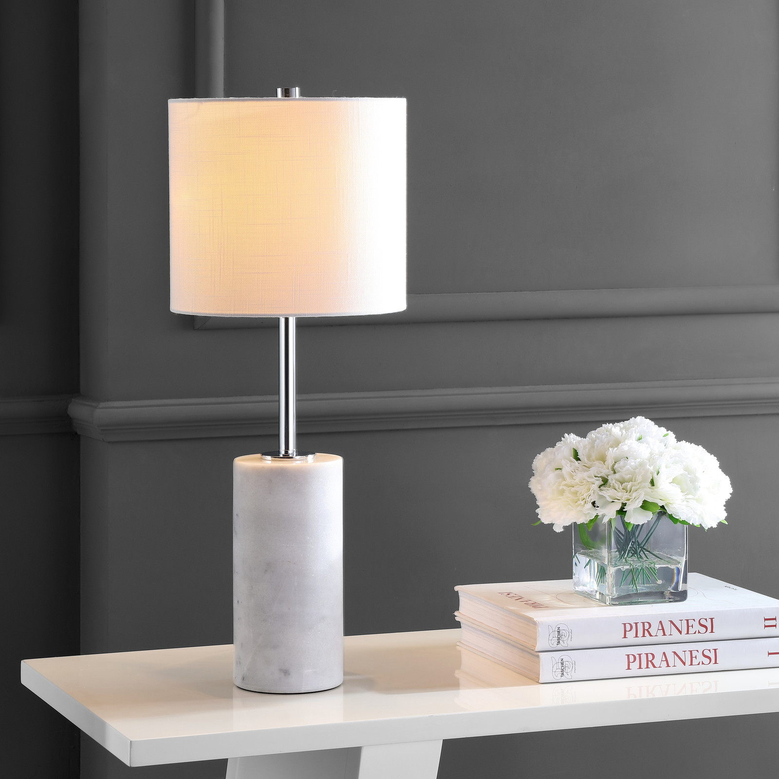 May 25.5-Inch Marble Base LED Table Lamp in White & Chrome by Jonathan Y