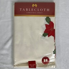 Christmas Spirit Tablecloth 52x70in Oblong Ivory Red Poinsettia Holiday Decor