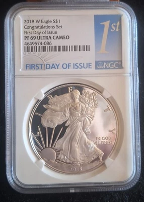2018 W Silver Eagle NGC PF69 First Day Of Issue Ultra Cameo Congratulation Set. - Image 1 of 4
