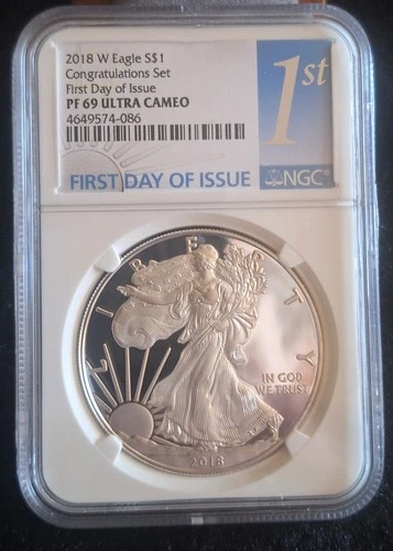 2018 W Silver Eagle NGC PF69 First Day Of Issue Ultra Cameo Congratulation Set.