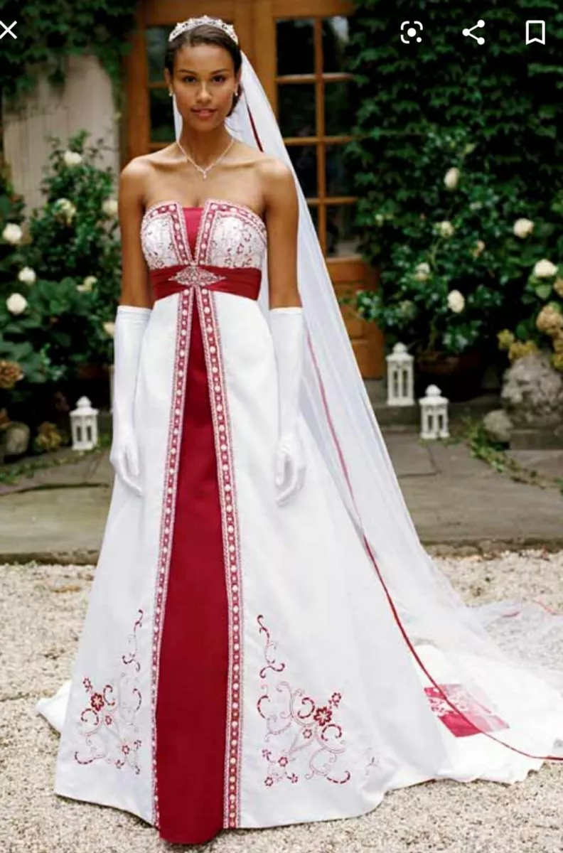 DAVIDS BRIDAL WHITE WEDDING GOWN SIZE 2 RED EMBROIDERY E9244 WHITE SATIN  $800