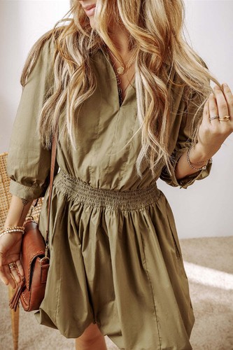 Women's Dress- Johnny Collar Three-Quarter Sleeve Dress - Picture 3 of 6
