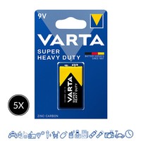 5X Varta 2022 Superheavyduty(Superlife) 9V Blocco 6F22 Blister Batteria 5X1Er