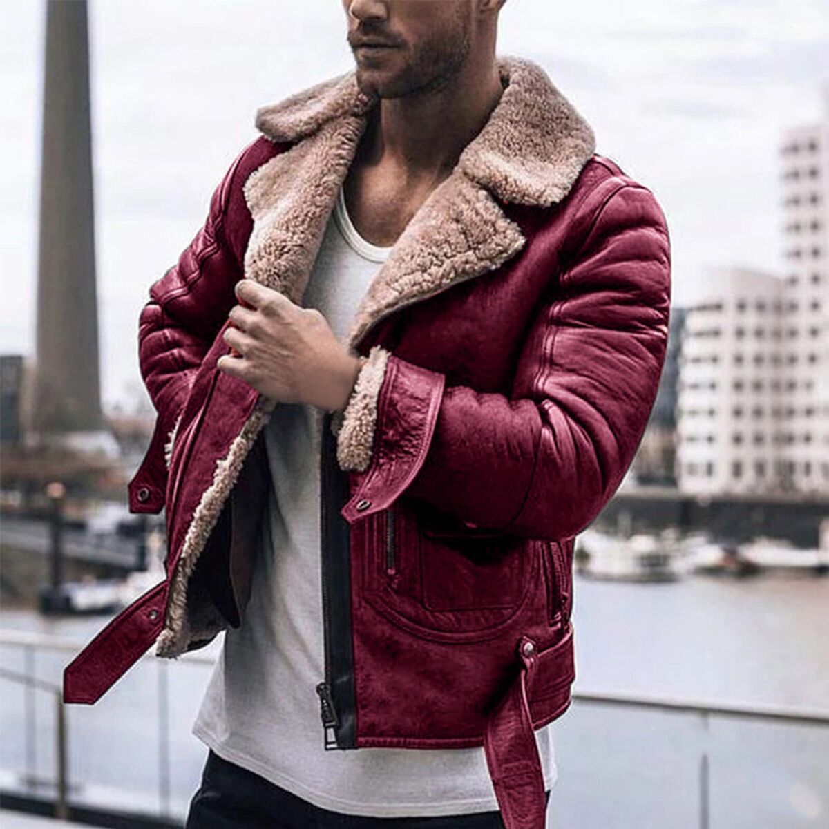 Men's Faux Leather Jacket Motorcycle Bomber Jacket Sherpa Men's Faux Leather Jacket Motorcycle Bomber Jacket Sherpa