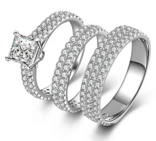 .925 SILVER HIS HERS 3 PCS MEN'S WOMEN'S WEDDING ENGAGEMENT RING BAND SET SS825