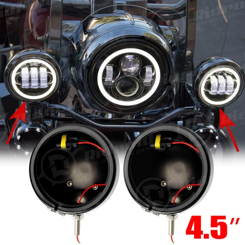 Black 4.5" LED Auxiliary Spot Passing Fog Lights Lamps Housing Bucket For Harley