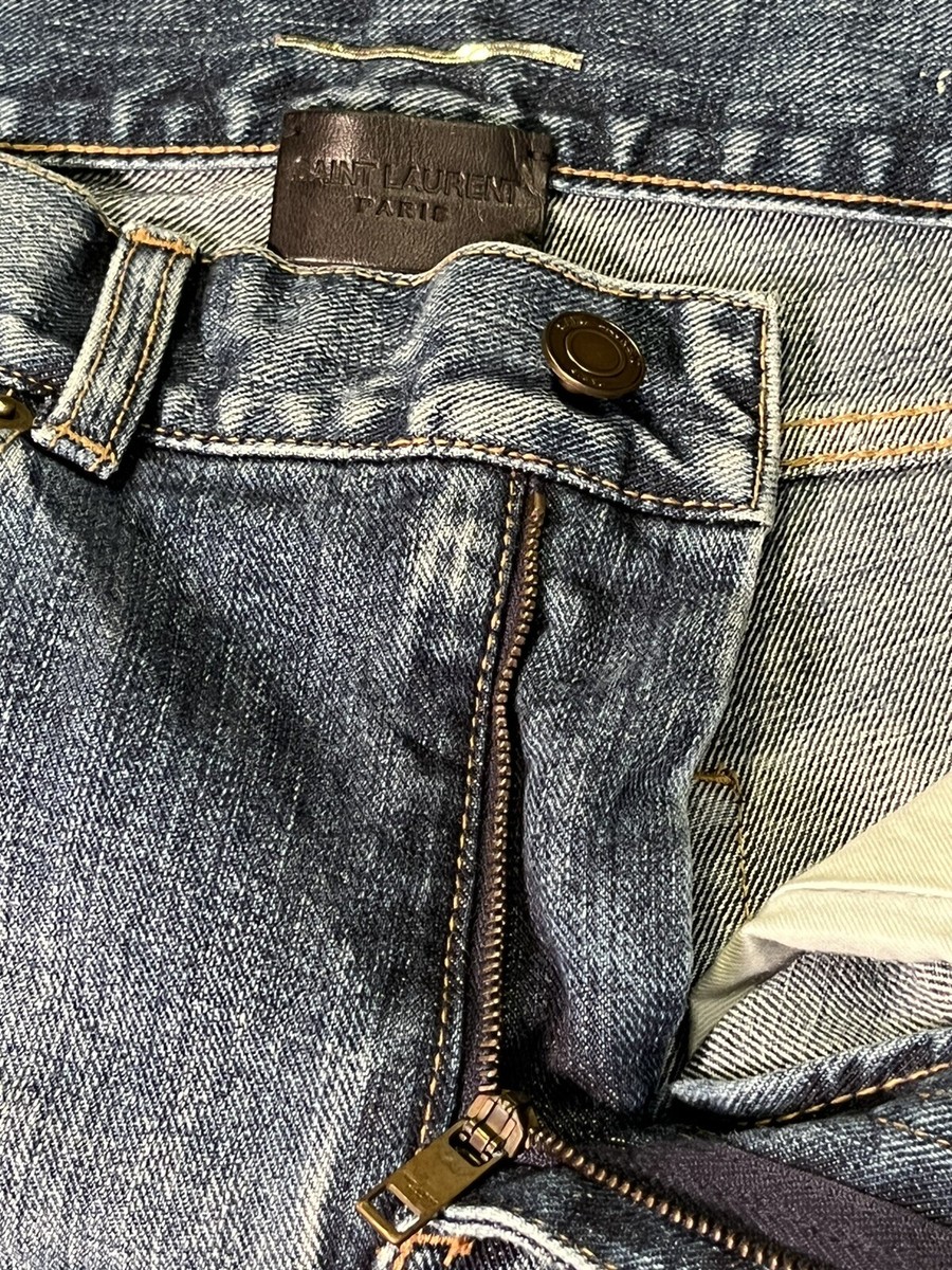 YVES SAINT LAURENT DENIM BLUE SKINNY JEANS UNIVERSITY PATCH SZ 29