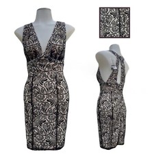 BEBE Womens 0 Deep V Bodycon Dress Lace Overlay Cocktail Party Midi NUDE BLACK