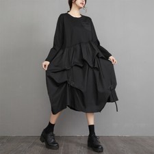 Hot Women's Vintage Plus-Size Black Long-Sleeved Pleated Loose Dress Party Skirt