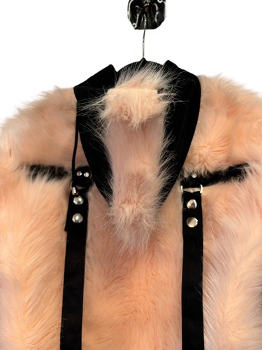 Faux Fur Bomber Jacket Pink Fluffy Cropped Belted Accents - Picture 13 of 19
