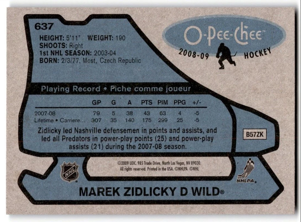 2008-09 O-Pee-Chee '79-80 Retro Marek Zidlicky #637 Minnesota Wild - Image 2 of 2