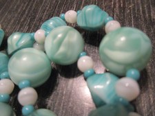 Vintage Iridescent  Swirl Green Art Glass Blue Seed Bead 30" Long Necklace 