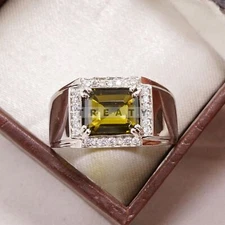 Peridot Emerald Cut Gemstone With 925 Sterling Silver Ring For Men's #B764 *