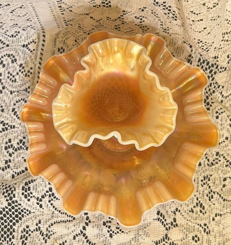 "FISHNET" SINGLE LILY EPERGNE PEACH OPALESCENT CARNIVAL GLASS BY DUGAN GLASS CO. - Picture 2 of 7