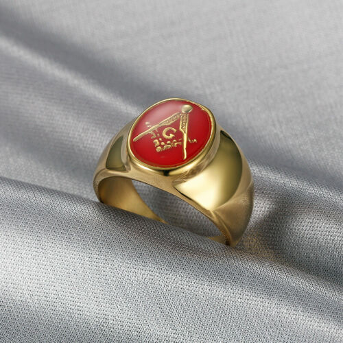Red Enamel Retro Masonic Wedding Ring Stainless Steel Biker Oval Signet Ring - Picture 2 of 4