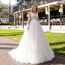 Lace Wedding Dresses Puff Sleeves Backless Applique A-Line Backless Bridal Gowns