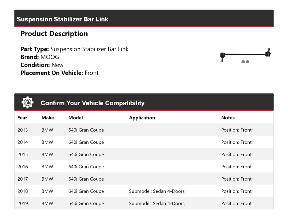 Barra estabilizadora de suspensión delantera MOOG 2013-2019 BMW 640i Gran Coupé 2013-2019 Foto 2 de 4