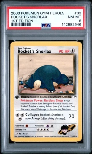 2000 POKEMON GYM HEROES 1ST ED #33 ROCKET'S SNORLAX PSA 8