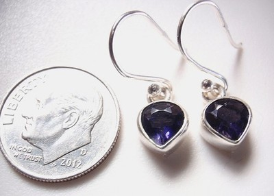 Very Small Faceted Iolite Heart Shaped 925 Sterling Silver Dangle Earrings