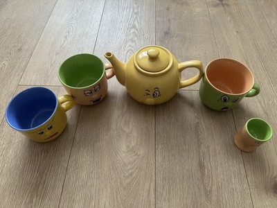 Vintage Trade Winds lustiges Gesicht Kaffeetassen, Teekanne und Eierhalter 