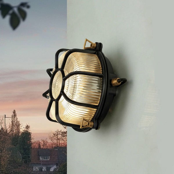 Kellerlampe AußEnleuchte Wand Messing Glas Rund Ø 22 Cm IP64 Schwarz E27 Maritim-image