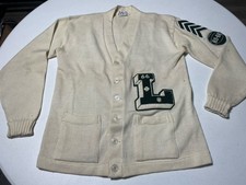Vintage 60s Variety Letterman Knitted Cardigan Adult Size 44 Cream Wool READ 