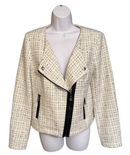 Banana Republic Tweed Moto Jacket Women 10 NWT Ivory Black Wool Blend Zip