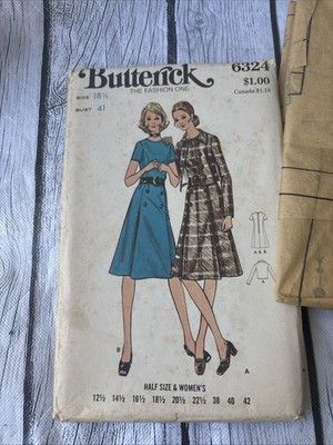 Vntg 70s Butterick Pattern 6324 - Misses Dress & jacket  size 18 1/2 bust 41