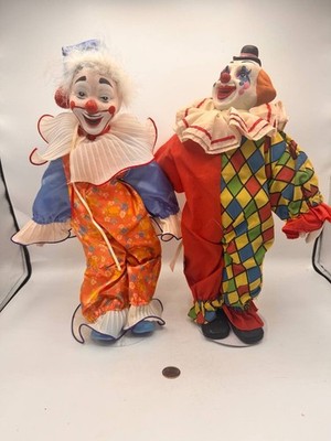 Vintage Clown Dolls Lot of 2 Large Porcelain Face Harlequin Circus Decor