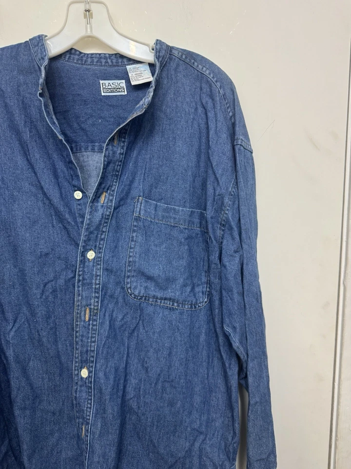 vintage denim shirt collarless button down mens medium - Image 4 of 4